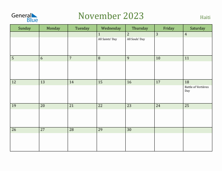 November 2023 Calendar with Haiti Holidays