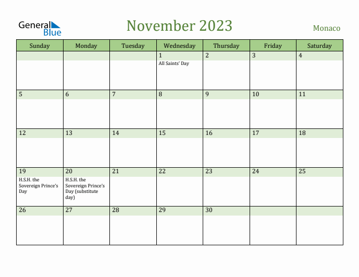 November 2023 Calendar with Monaco Holidays