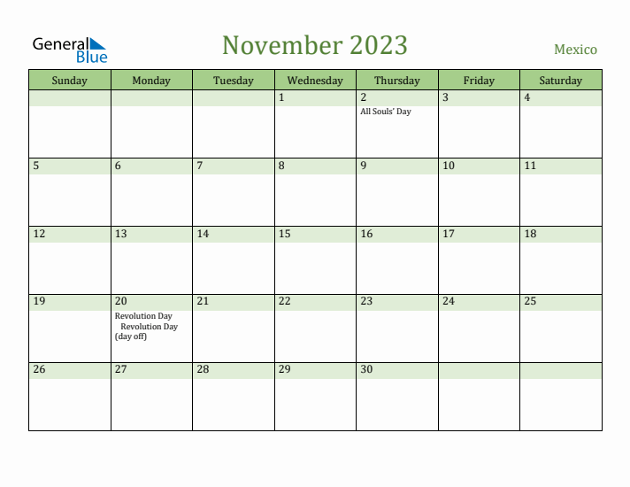 November 2023 Calendar with Mexico Holidays