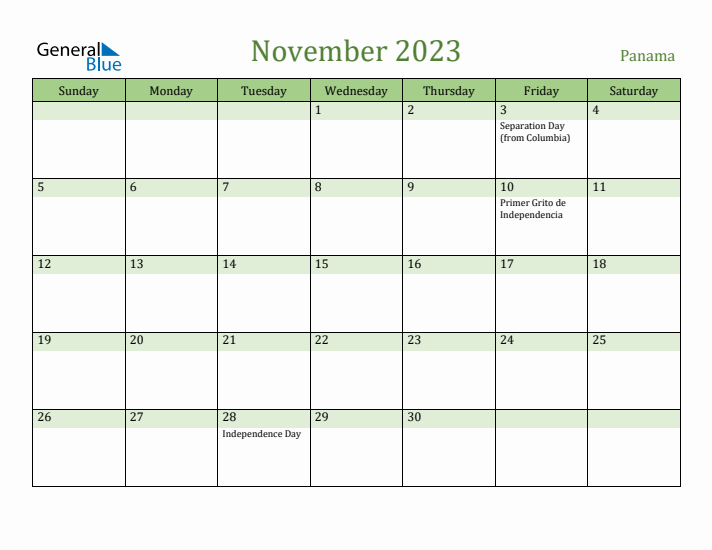 November 2023 Calendar with Panama Holidays