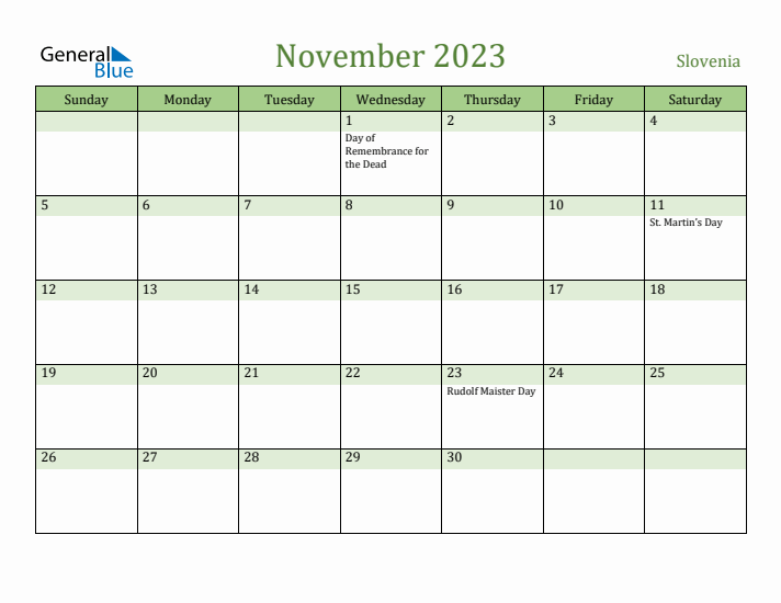 November 2023 Calendar with Slovenia Holidays