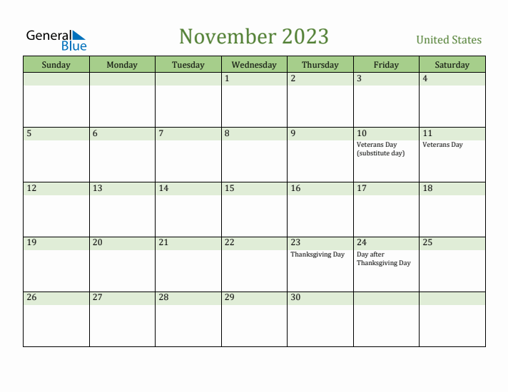 November 2023 Calendar with United States Holidays