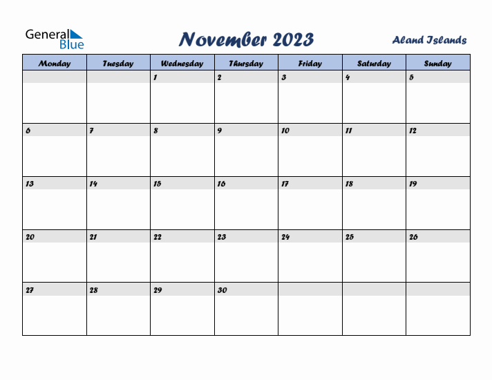 November 2023 Calendar with Holidays in Aland Islands