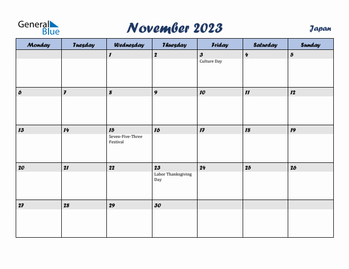 November 2023 Calendar with Holidays in Japan