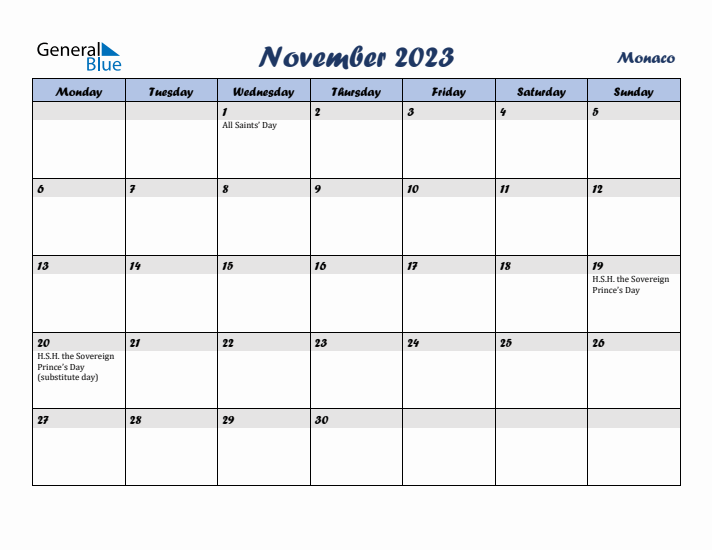 November 2023 Calendar with Holidays in Monaco