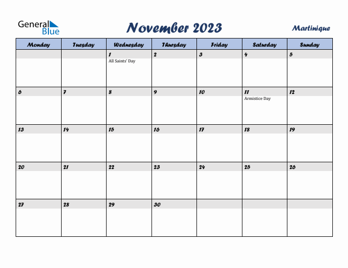 November 2023 Calendar with Holidays in Martinique