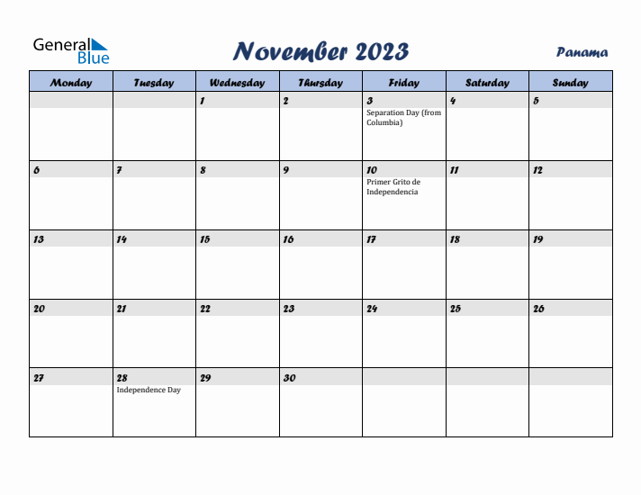 November 2023 Calendar with Holidays in Panama