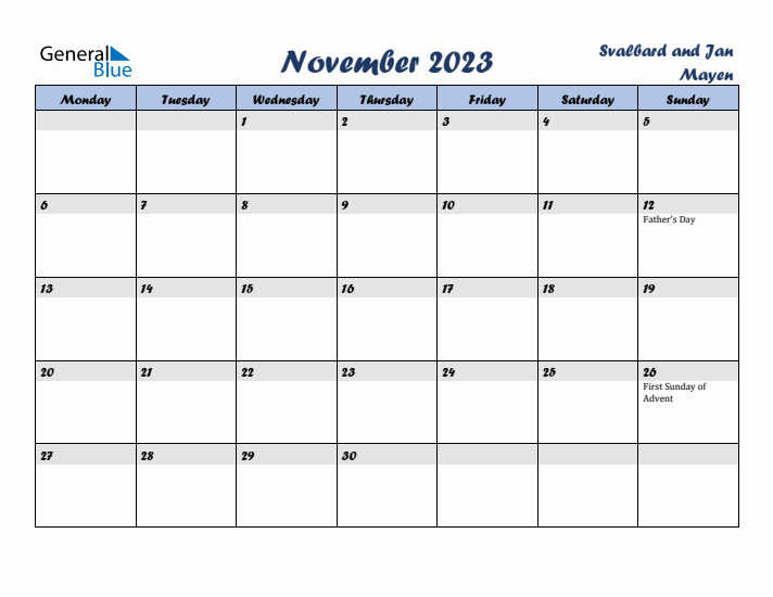 November 2023 Calendar with Holidays in Svalbard and Jan Mayen