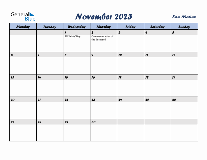 November 2023 Calendar with Holidays in San Marino