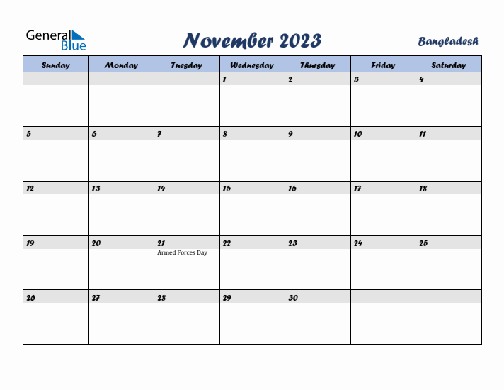 November 2023 Calendar with Holidays in Bangladesh