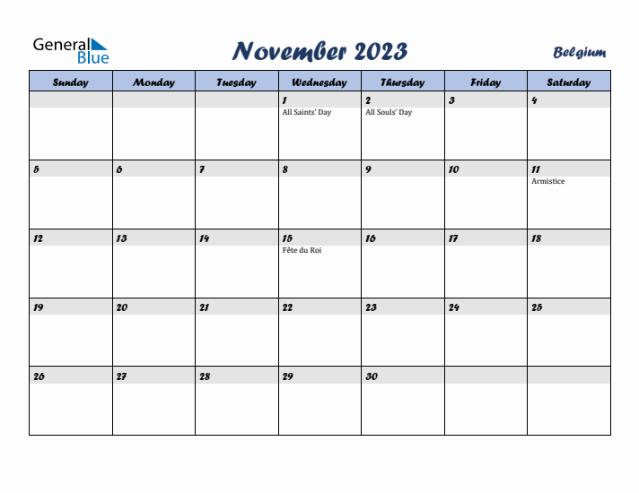 November 2023 Calendar with Holidays in Belgium