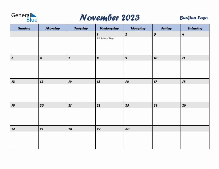 November 2023 Calendar with Holidays in Burkina Faso