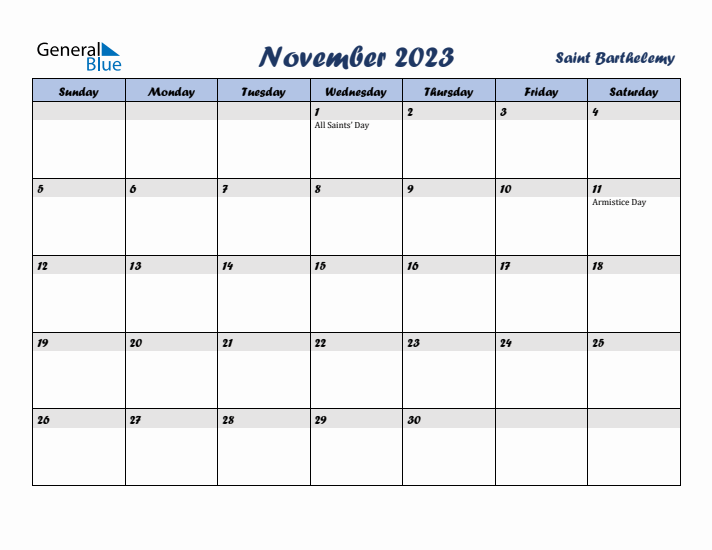 November 2023 Calendar with Holidays in Saint Barthelemy