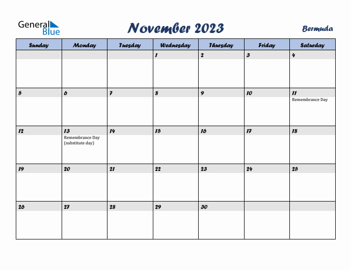 November 2023 Calendar with Holidays in Bermuda