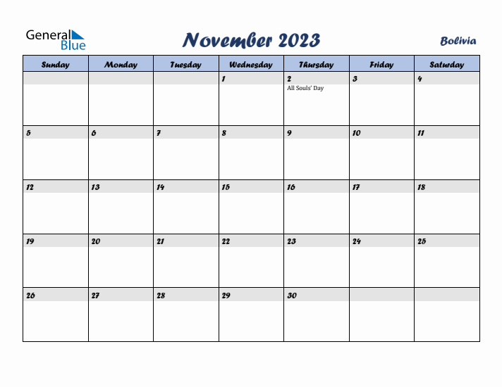 November 2023 Calendar with Holidays in Bolivia