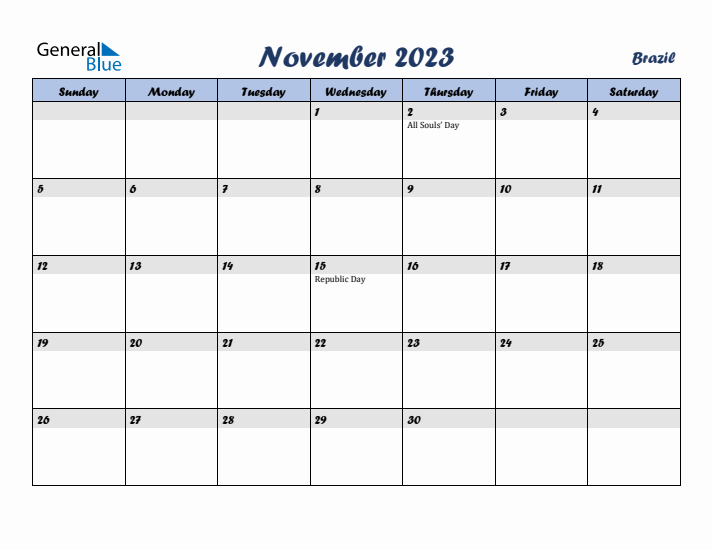 November 2023 Calendar with Holidays in Brazil