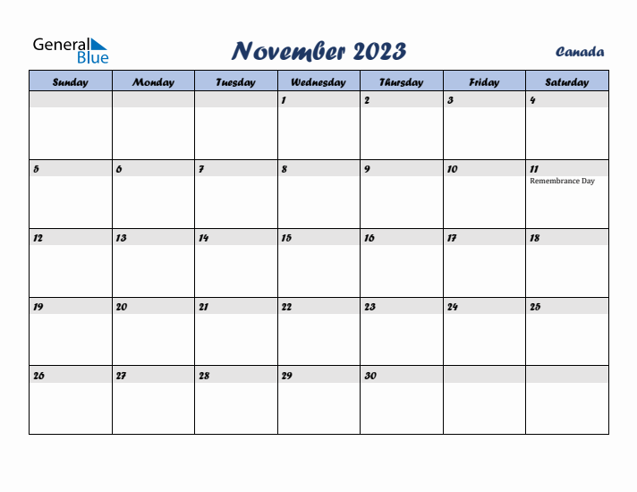 November 2023 Calendar with Holidays in Canada