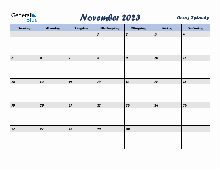 November 2023 Calendar with Holidays in Cocos Islands