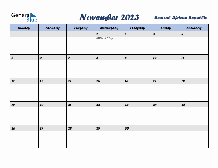 November 2023 Calendar with Holidays in Central African Republic