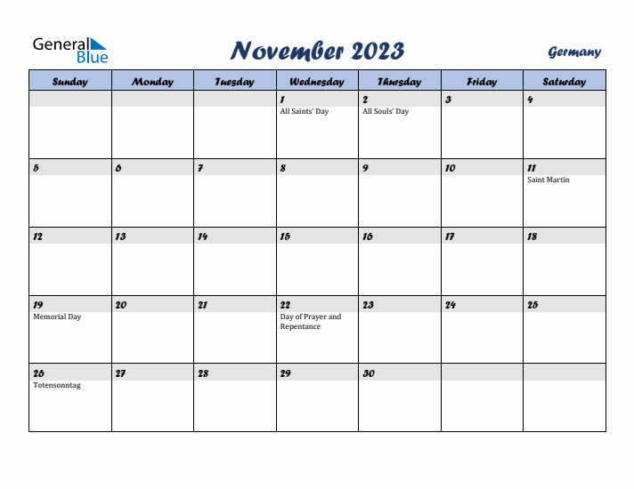 November 2023 Calendar with Holidays in Germany