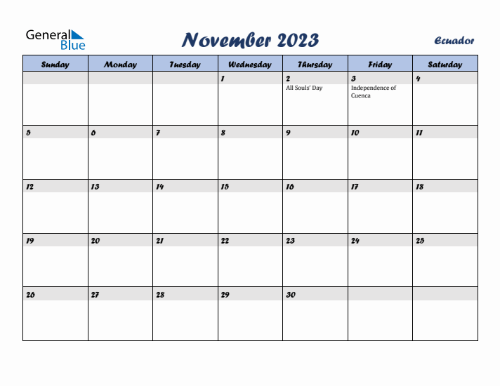 November 2023 Calendar with Holidays in Ecuador