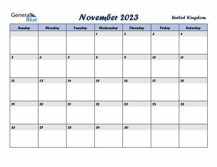 November 2023 Calendar with Holidays in United Kingdom