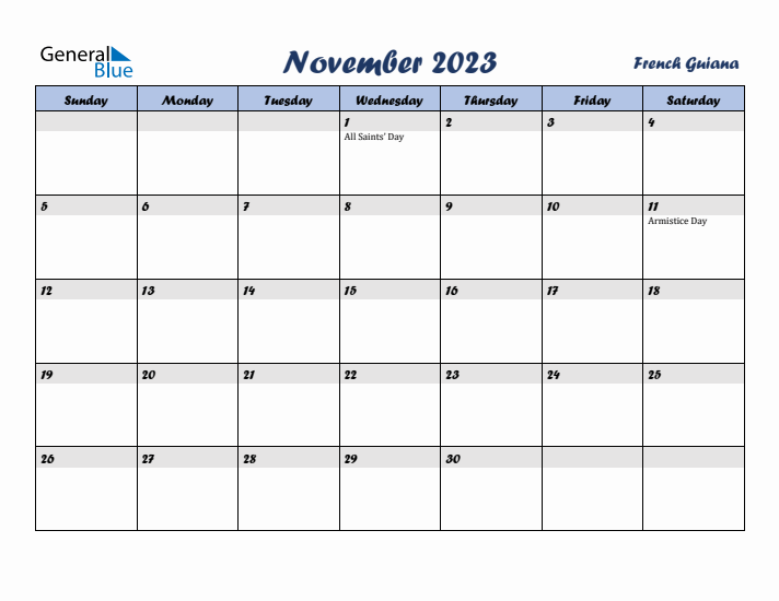 November 2023 Calendar with Holidays in French Guiana