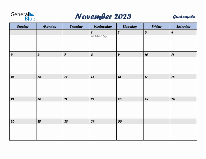 November 2023 Calendar with Holidays in Guatemala