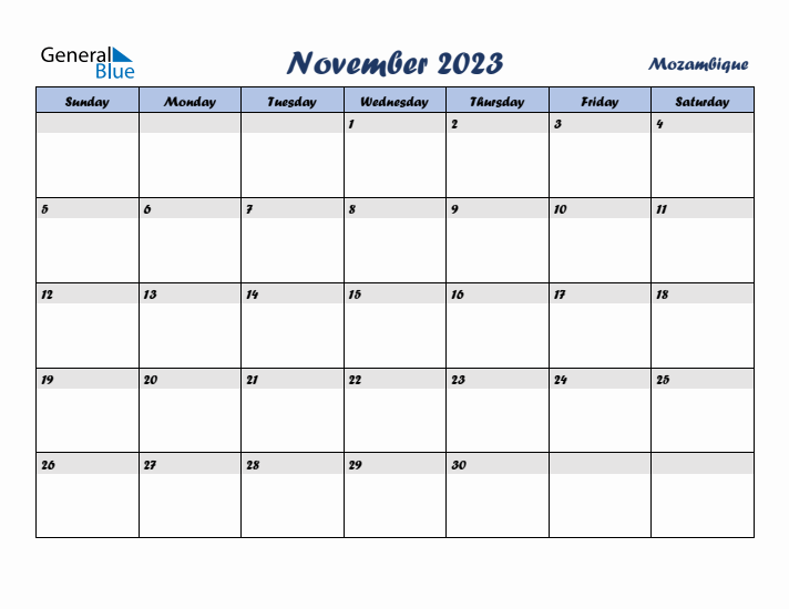 November 2023 Calendar with Holidays in Mozambique