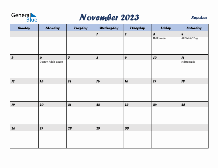 November 2023 Calendar with Holidays in Sweden