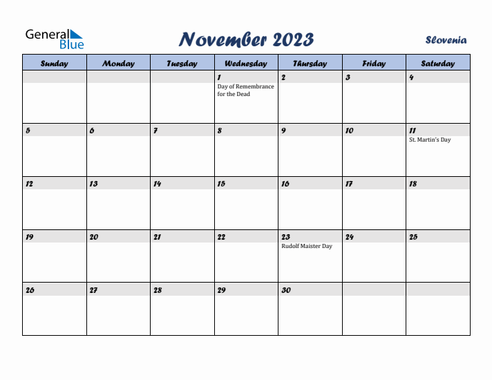 November 2023 Calendar with Holidays in Slovenia