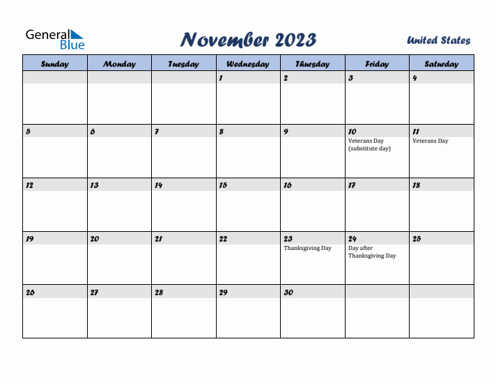 November 2023 Calendar with Holidays in United States