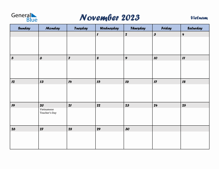 November 2023 Calendar with Holidays in Vietnam