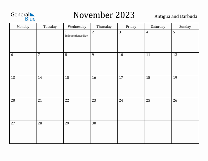 November 2023 Calendar Antigua and Barbuda