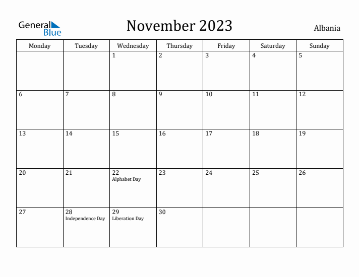 November 2023 Calendar Albania