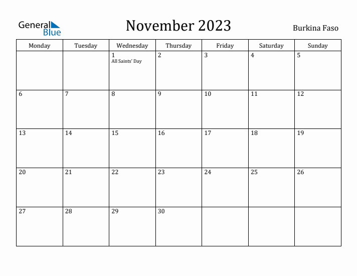 November 2023 Calendar Burkina Faso