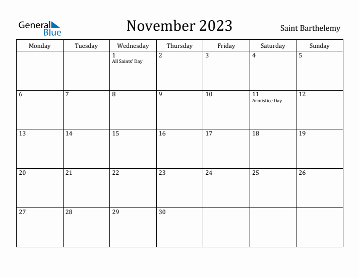 November 2023 Calendar Saint Barthelemy