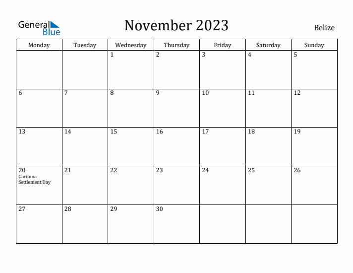 November 2023 Calendar Belize