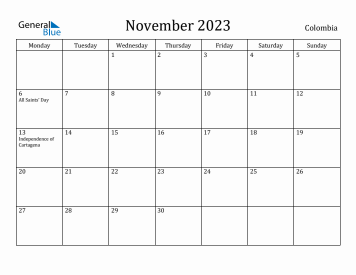 November 2023 Calendar Colombia