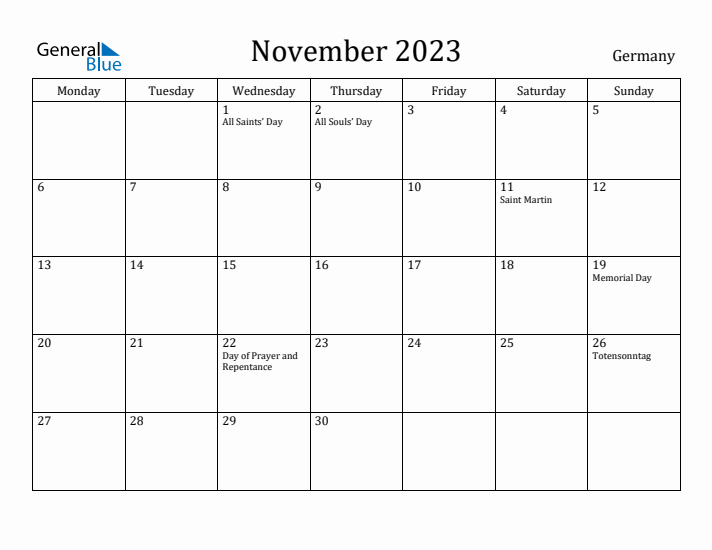 November 2023 Calendar Germany