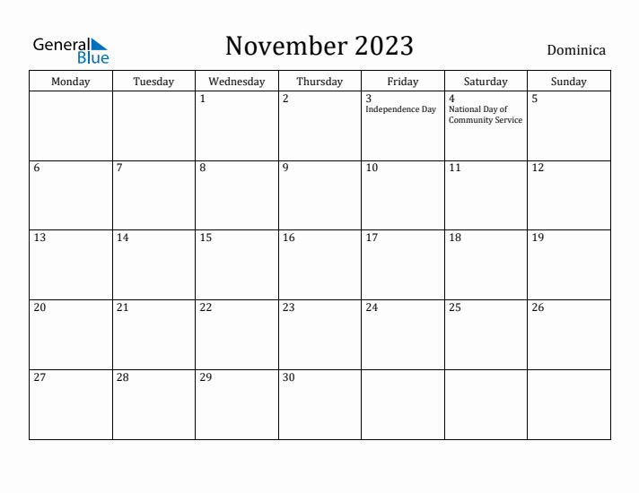 November 2023 Calendar Dominica