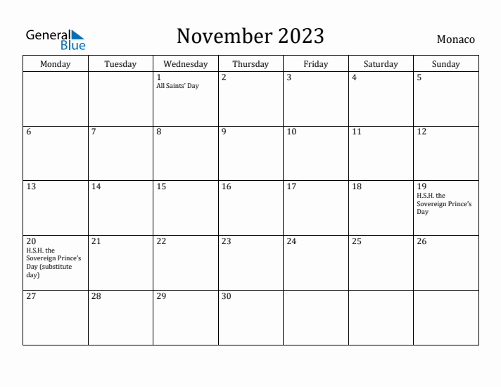 November 2023 Calendar Monaco