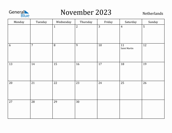 November 2023 Calendar The Netherlands