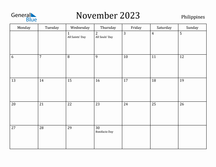 November 2023 Calendar Philippines