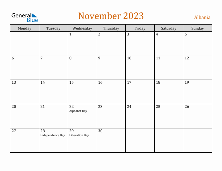 November 2023 Holiday Calendar with Monday Start