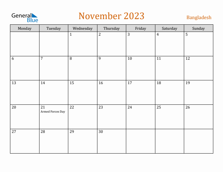 November 2023 Holiday Calendar with Monday Start