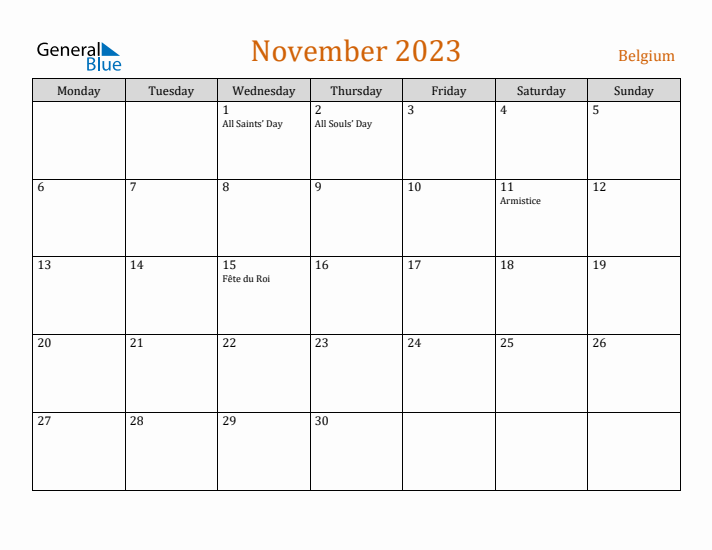 November 2023 Holiday Calendar with Monday Start