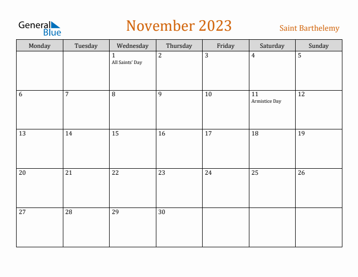 November 2023 Holiday Calendar with Monday Start