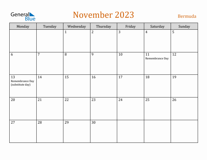 November 2023 Holiday Calendar with Monday Start