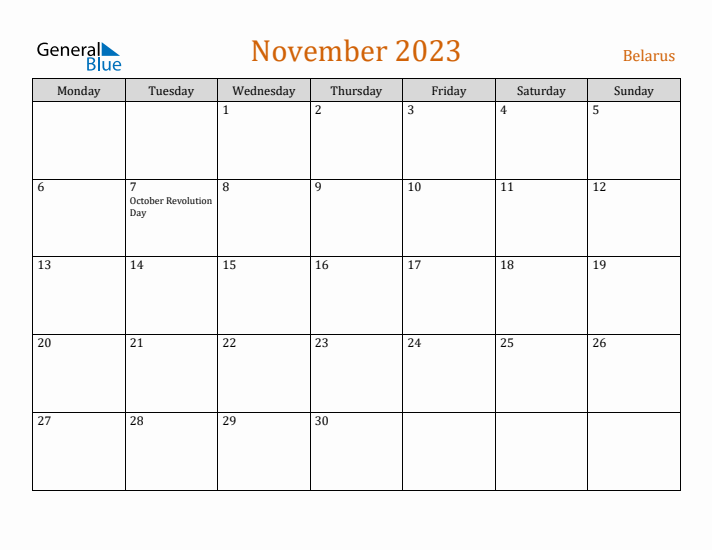 November 2023 Holiday Calendar with Monday Start